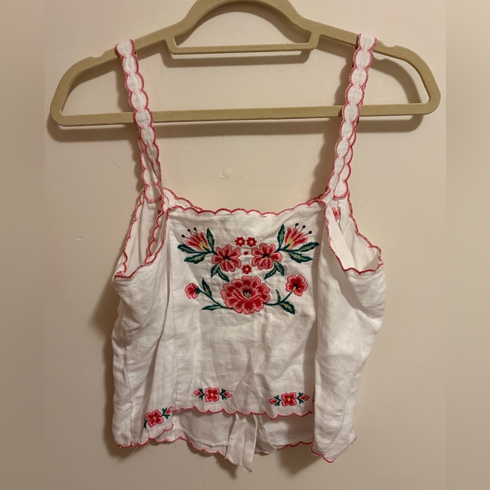 J.Crew Embroidered Scallop Trim Linen Strappy Top Floral - Picture 5 of 6
